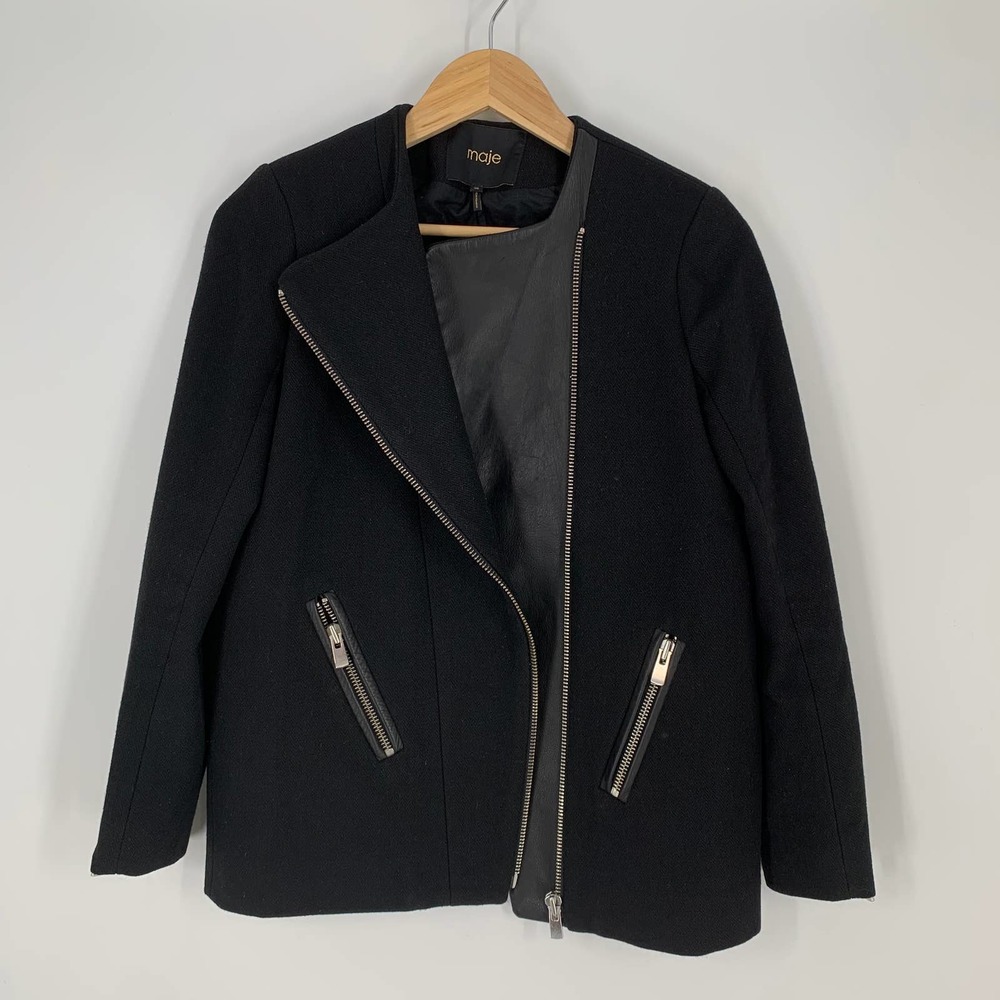 Maje Wool and Leather Moto Jacket Asymmetric Wool Blend Coat Stylized, Black, S - Picture 5 of 10